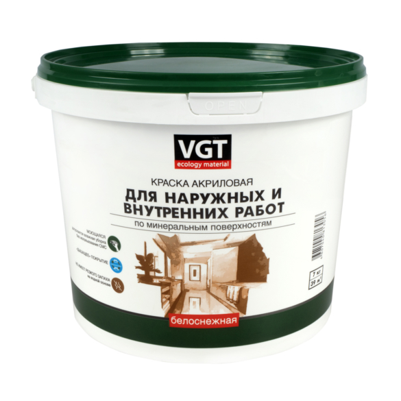 КРАСКА ВД-АК-1180 ДЛЯ НАРУЖ./ВНУТР. РАБОТ МОЮЩАЯСЯ БЕЛОСНЕЖНАЯ 7 КГ (1) "ВГТ"