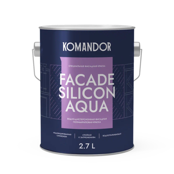 КРАСКА ФАСАДНАЯ "FACADE SILICON AQUA" ВОДООТТАЛКИВАЮЩАЯ БАЗА C 2,7 Л (1) "KOMANDOR"
