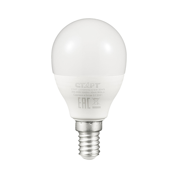 ЛАМПА СВЕТОДИОДНАЯ "СТАРТ ЭКО" ШАРИК 10W 2700 К E14, ТЕПЛ. СВЕТ (10/100)